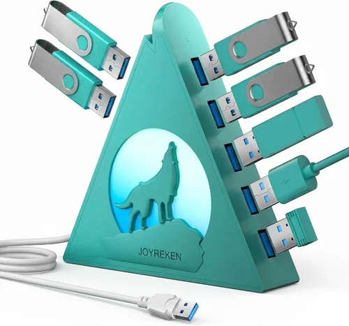 Vista 15 de Hub USB 3.0 de 7 puertos, divisor de USB vertical con iluminación RGB, transferencia de datos de alta velocidad de 5 Gbps y cable de extensión de 2