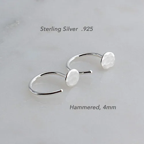Vista 4 de Half Huggie Hammered Silver Disc Hoop Earrings for Women Tiny Cartilage Birthstone Stud Piercing Earring Hypoallergenic Screw Back Dainty Hug
