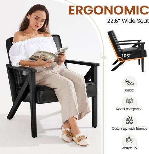 Vista 7 de Yaheetech Silla decorativa, silla de lectura de piel sintética, silla moderna de mediados de siglo con marco de madera maciza para sala de estar