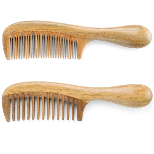 Vista 8 de Onedor Peines de pelo de sándalo verde 100% natural, hechos a mano, con aroma a sándalo antiestático, peine de madera natural desenredante