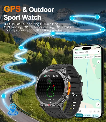 Vista 2 de Relojes inteligentes militares para hombres GPS, pantalla AMOLED de 1.56 pulgadas, llamada Bluetooth, reloj inteligente para teléfonos Android
