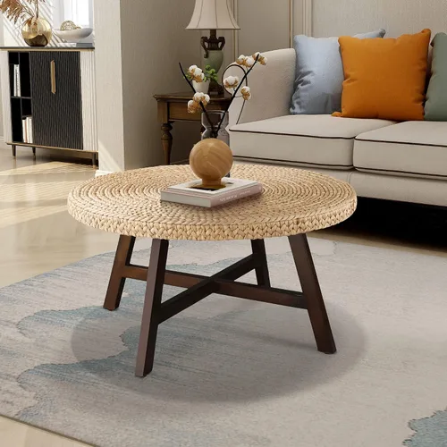 Vista 10 de RANDEFURN Mesa de centro redonda, mesa de cóctel de madera de pino maciza con marco en X y marco de X, fácil de montar, varios tamaños para sala