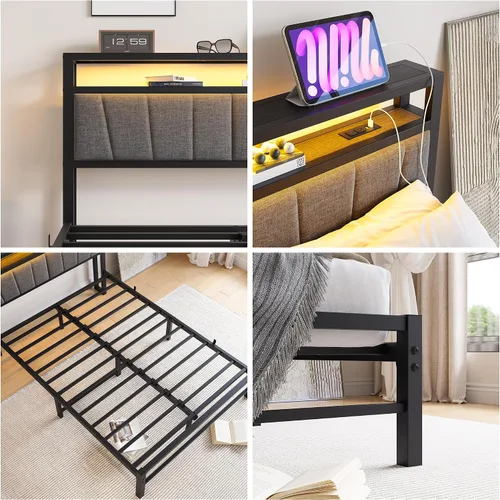 Vista 8 de BOFENG Base de cama matrimonial con cabecera de almacenamiento tapizada y estación de carga, luces LED, plataforma de metal resistente, marco
