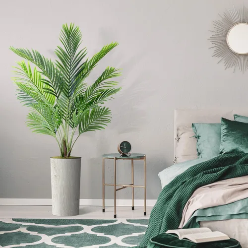 Vista 5 de Árbol artificial en macetero moderno con patrón de remolino, palmera tropical areca artificial de seda para decoración del hogar en interiores