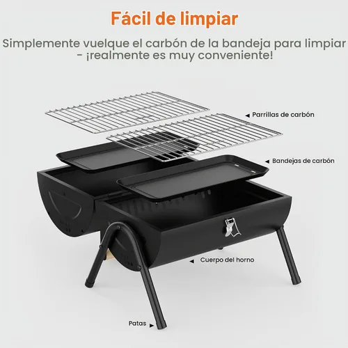 Vista 3 de Parrilla de carbón portátil con rejilla de calentamiento, mango de madera, parrilla de barbacoa de mesa para barbacoa al aire libre, camping