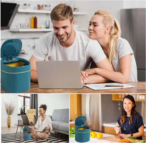 Vista 7 de LTWQLing - Bote de basura pequeño de plástico con tapa - Papelera emergente de 2 L para tocador de baño, escritorio, mesa o mesa auxiliar - Para