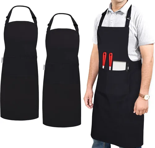 Vista 13 de RUVANTI Delantales de trabajo para hombres y mujeres con bolsillos, ajustables hasta XXL, durabilidad de grado profesional, delantal negro