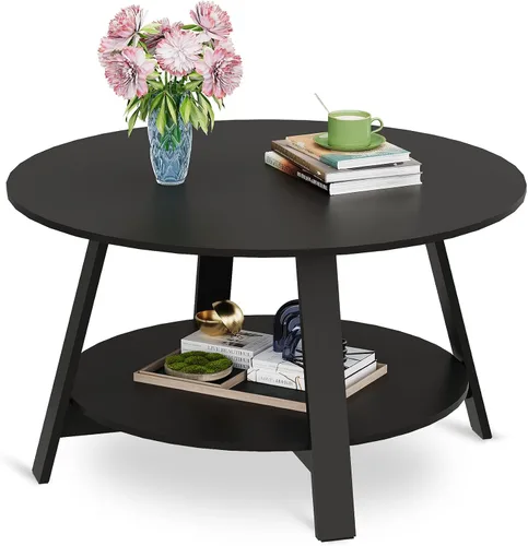 Vista 12 de WLIVE - Mesa de centro redonda, mesa de café pequeña de 32.6" con estante de almacenamiento, mesa de centro de madera de 2 niveles para sala