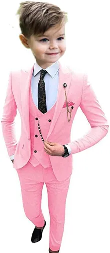 Vista 6 de Traje formal de 3 piezas de un botón para niños, esmoquin con solapa de pico y chaleco, conjunto de pantalones para boda