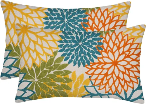 Vista 22 de Fundas de almohada azul marino verde 16x16 pulgadas, juego de 2 fundas de almohada rústicas, almohadas decorativas de aguamarina naranja floral