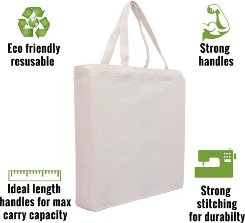 Vista 4 de Threadart - Bolsas reutilizables de lona 100% algodón resistentes Paquete de 3 Con asas fuertes que soportan hasta 40 libras Respetuosas
