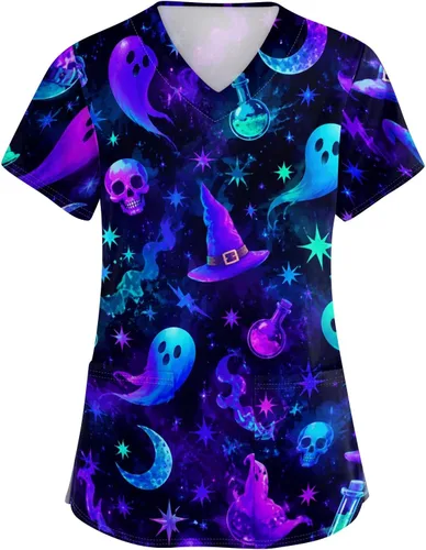 Vista 19 de Camisetas de uniforme médico de Navidad para mujer, talla grande, estampado ##896-Multicolor