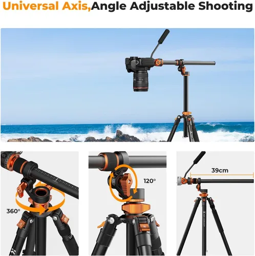 Vista 5 de K&F CONCEPT Trípode de cámara aérea de 90 ''/90.6 in, trípodes de video de disparo horizontal con cabezal fluido resistente, monopie desmontable