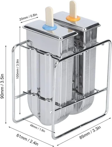Vista 5 de Molde de paletas de acero inoxidable, moldes para paletas de hielo con estante, 55 palitos de bambú, cepillo de limpieza, 10 bolsas de burbujas (A)
