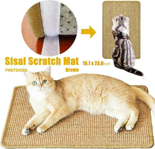 Vista 4 de Alfombrilla de rascar para gatos, 23.6 x 15.7 pulgadas, rascadores de sisal natural para gatos de interior con cintas de velcro, tapete para rascar