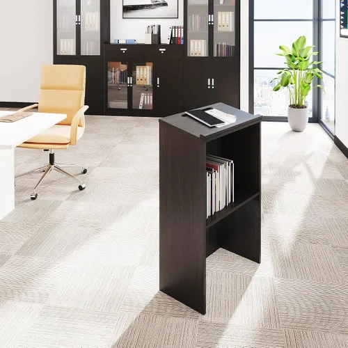 Vista 2 de Soporte para podio, atril de madera, podio para aula, iglesias, auditorio, sala de reuniones, recepción de podio con estante ajustable (negro)