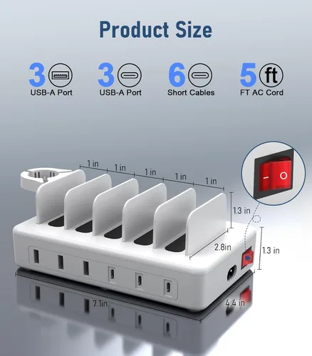 Vista 7 de Estación de carga de 96 W para múltiples dispositivos, estación de carga USB C de 6 puertos CREATIVE DESIGN con 3 PD 20 W USB-C, estación de carga