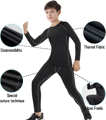 Vista 5 de Conjunto de 2 calzas térmicas de compresión y camisas de pantalones largos, forro polar cálido para niños