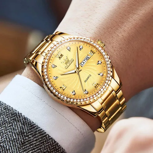 Vista 3 de OLEVS Men's Luxury Stainless Steel Watches, Big Face Gold Men Quartz Analog Watches Fashion 30M Waterproof Casual Wrist Watch with Day Date Diamond