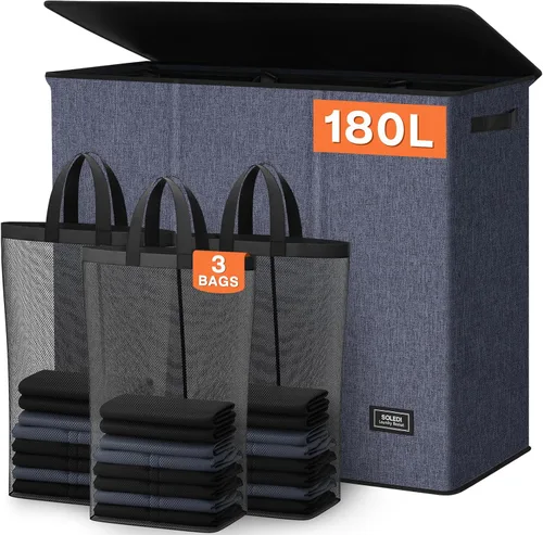 Vista 18 de SOLEDI Cesta de lavandería de 3 secciones de 180L con tapa, cesta de ropa sucia extragrande con asas resistentes para lavandería y dormitorio