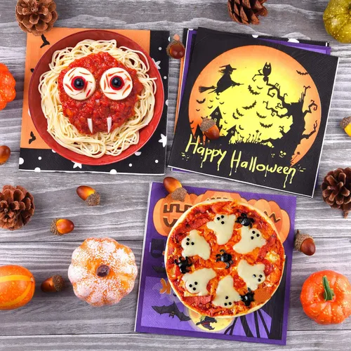 Vista 4 de ASTARON Paquete de 60 servilletas de Halloween de 13 x 13 pulgadas, servilletas de papel desechables para decoración de mesa de Halloween