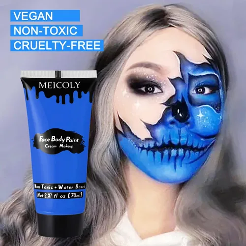 Vista 8 de MEICOLY Pintura facial y corporal en crema azul real, tubo grande de 2.37 oz a base de agua, pintura corporal completa para adultos y niños, tubo
