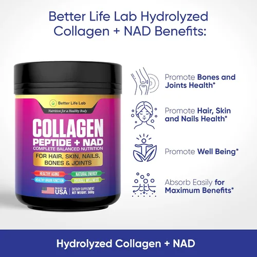 Vista 2 de BETTER LIFE LAB Péptidos de colágeno hidrolizados con NAD – Apoya el cabello, la piel, las uñas, las articulaciones y los huesos – Colágeno tipo I
