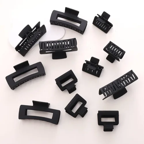 Vista 7 de Paquete de 12 pinzas tipo garra cuadradas negras, pinzas tipo garra rectangulares grandes y pequeñas neutrales, pinzas para cabello grandes mate