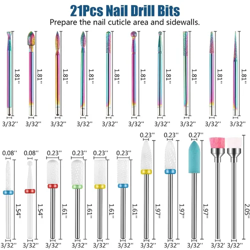 Vista 6 de Depvko Juego de 21 brocas para lima de uñas eléctrica, kit de brocas de cerámica y gel acrílico de 3/32 pulgadas, herramientas de arte de uñas