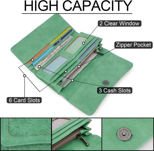 Vista 31 de MEITRUE Cartera de cuero para mujer, con bloqueo RFID, triple pliegue, con relieve, soporte para tarjetas, organizador de chequera para teléfono