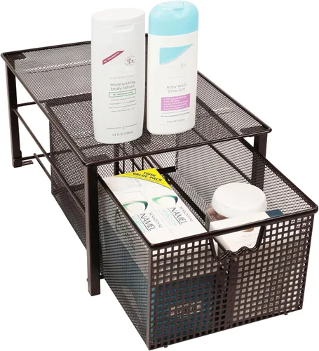 Vista 6 de Deco Brothers Cesta Deslizante Apilable Extraíble para Gabinete con Divisores, Grande, Bronce Organizador para debajo del fregadero, bronce