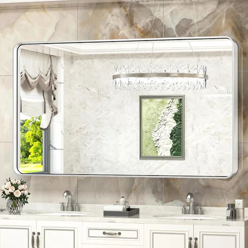 Vista 37 de TokeShimi Espejo de pared de baño de níquel cepillado de 20 x 30 pulgadas, marco de metal, esquina redonda, rectangular, para decoración del hogar