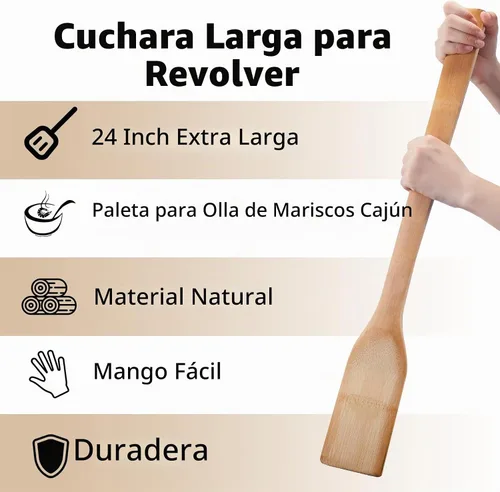 Vista 2 de Cucharas de bambú de mango largo de 24 pulgadas, palitos de madera extra anchos para cocina, espátula plana de bambú para cocinar cangrejos cajún