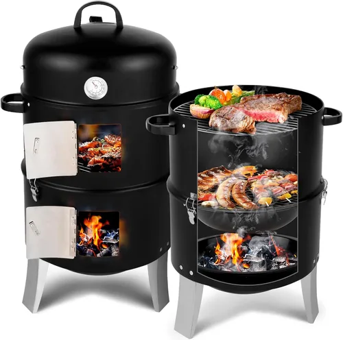 Vista 10 de VINGLI Parrilla de carbón de 18 pulgadas con ahumador de barbacoa multicapa, parrilla redonda resistente, ahumador vertical con termómetro