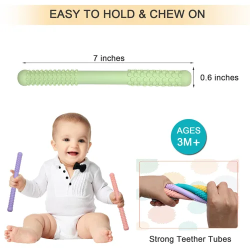 Vista 11 de Tubos de dentición huecos para bebés, niñas y niños, paquete de 6 tubos de silicona para bebés con mordida de lactancia, pajitas masticables