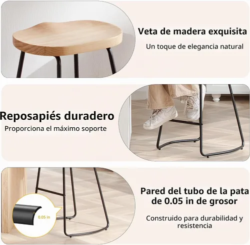 Vista 6 de HeuGah - Juego de 2 taburetes de bar de madera de 26 pulgadas para isla de cocina Madera clara