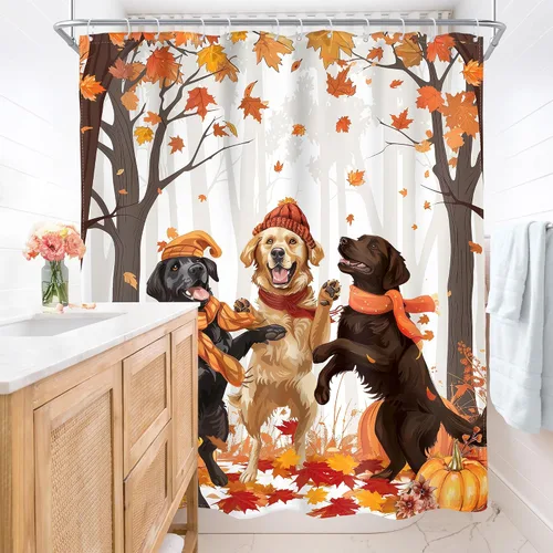 Vista 4 de AMBZEK Cortina de ducha de otoño para perro, 60 pulgadas de ancho x 72 pulgadas de largo, hojas de arce, calabaza, caricatura, cachorro, divertidos