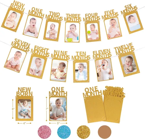 Vista 10 de Crosize - Pancarta decorativa para celebración del primer cumpleaños con marcos de fotos para bebés desde recién nacidos hasta 12 meses, guirnalda