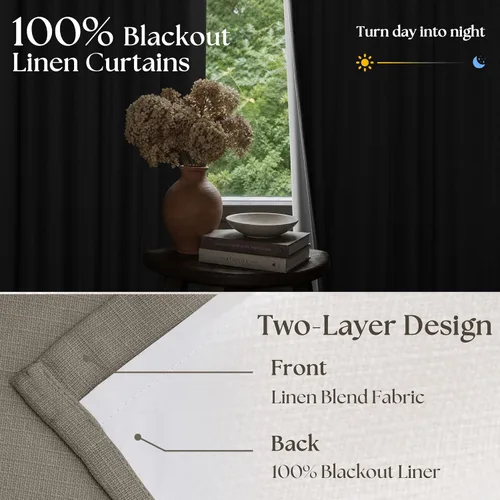 Vista 111 de Juego de 2 paneles de cortinas plisadas negras de 80 pulgadas para sala de estar, cortinas plisadas de lino con forro de 80 pulgadas de largo, 100%