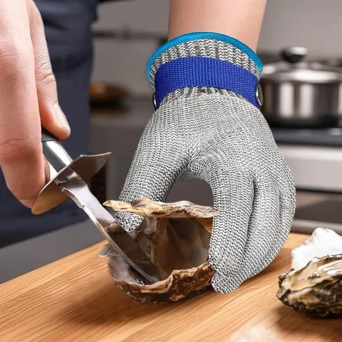 Vista 4 de Guantes de malla de malla de acero inoxidable de nivel 9 para cortar ostras Shucking Chopping Butcher