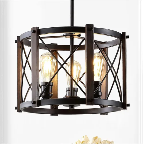 Vista 8 de JONATHAN Y Lámpara colgante de 16 pulgadas de bronce aceitado con 3 luces, lámpara LED regulable industrial para cocina, pantalla de cesta de metal