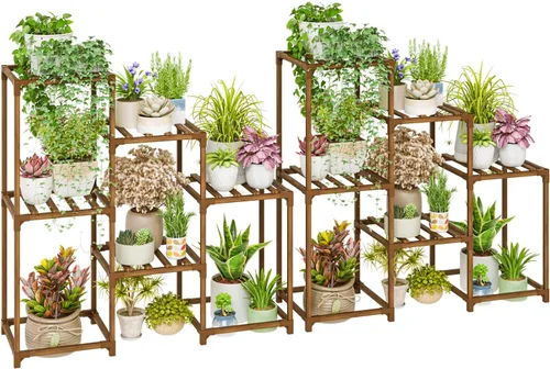 Vista 11 de Bamworld - Soporte esquinero para plantas de interior y exterior, mesa pequeña para varias plantas, estante de madera para jardín, patio, césped