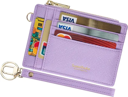 Vista 15 de Cartera delgada para mujer con bloqueo RFID para tarjetas de crédito, porta tarjetas tipo pulsera con cremallera para identificación, cartera