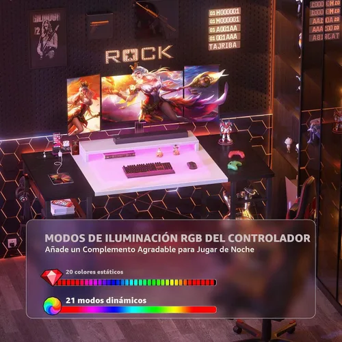 Vista 5 de Armocity Escritorio para computadora con luces LED, escritorio de 48 pulgadas con toma de corriente y USB, escritorio grande reversible con soporte