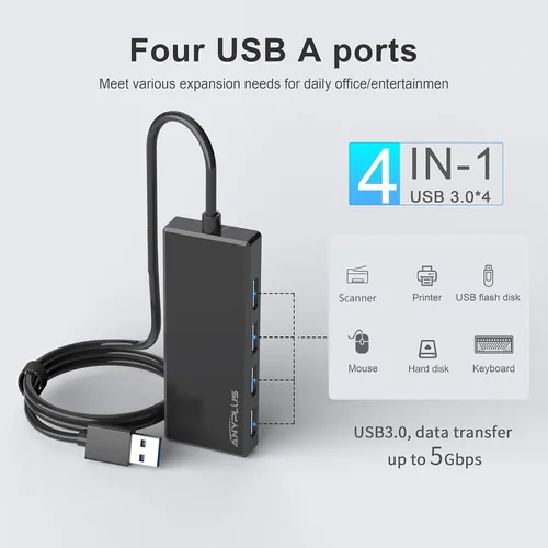 Vista 6 de Hub USB, Adaptador Divisor USB Multipuerto, Cable USB 3.0 de 2 pies de largo, Extensor USB para Laptop, PC, iMac, Surface Pro, MacBook, Mac Pro