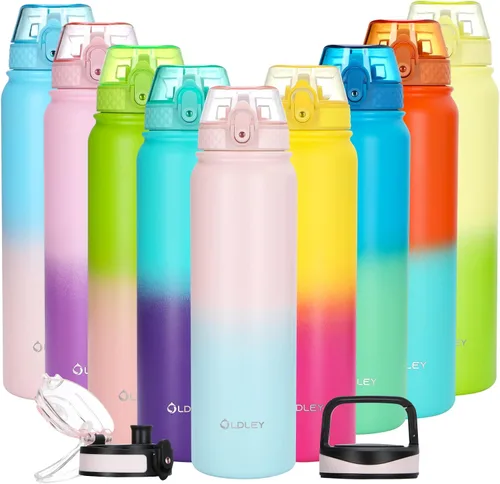 Vista 16 de Oldley Botella de Agua Aislada con Pajilla de 20oz, Botellas de Agua de Acero Inoxidable con 3 Tapas, Aislamiento al Vacío de Doble Pared Térmica