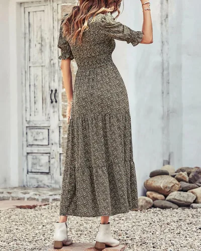 Vista 112 de BTFBM Vestidos para mujer, cuello redondo, casual, de verano, con volantes, manga corta, bohemio, con niveles, fruncido, largo, con estampado floral