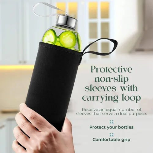 Vista 4 de Kitchen Lux Botellas de agua de vidrio de 24 onzas – Paquete de 4 – Fundas protectoras de nailon, tapas herméticas con rosca superior, bucles