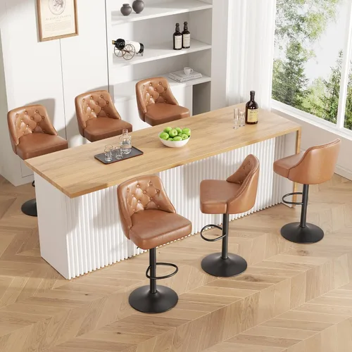 Vista 38 de Juego de 2 taburetes de bar, taburete de bar ajustable con respaldo, sillas de bar tapizadas de piel sintética, taburetes de bar giratorios modernos