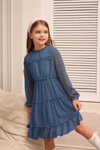 Vista 2 de GRACE KARIN Vestido escalonado con volantes para niñas, vestido acampanado de manga larga con lunares suizos, 6-12 años